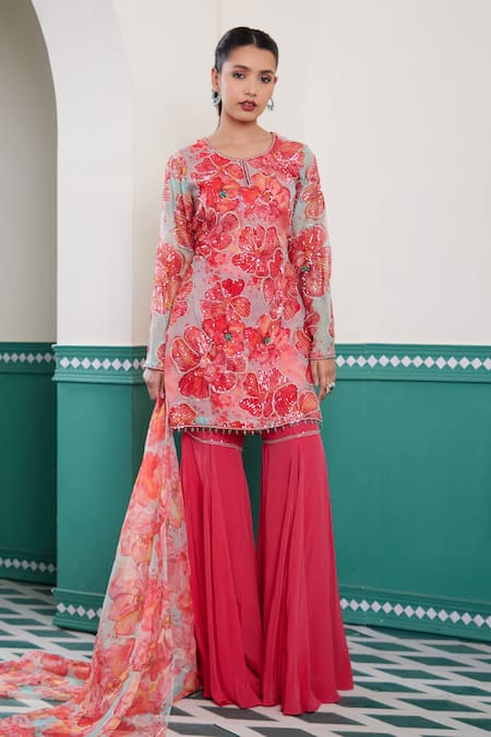 Dheeru Taneja Gulsheen Floral Print Tunic Sharara Set 