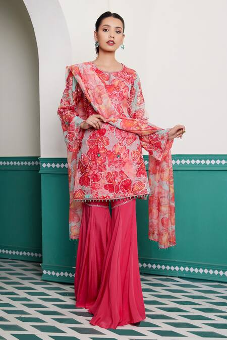 Dheeru Taneja_Multi Color Organza, Crepe, Linen Gulsheen Floral Print Tunic Sharara Set _Online_at_Aza_Fashions