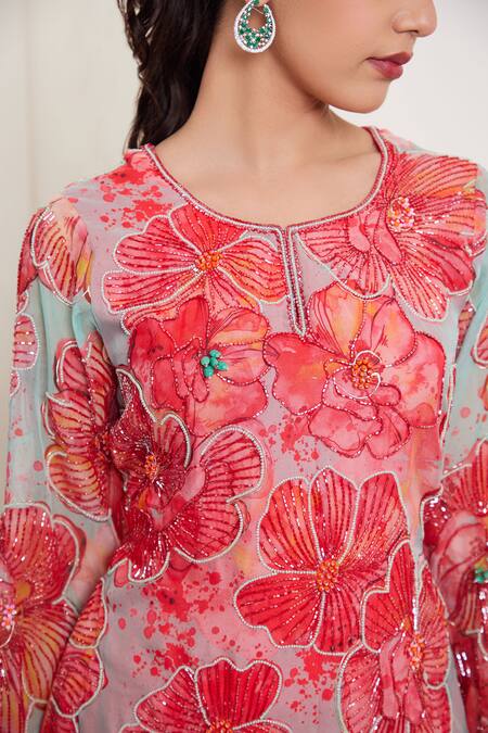 Buy_Dheeru Taneja_Multi Color Organza, Crepe, Linen Gulsheen Floral Print Tunic Sharara Set _Online_at_Aza_Fashions