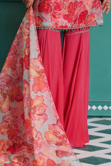 Shop_Dheeru Taneja_Multi Color Organza, Crepe, Linen Gulsheen Floral Print Tunic Sharara Set _Online_at_Aza_Fashions