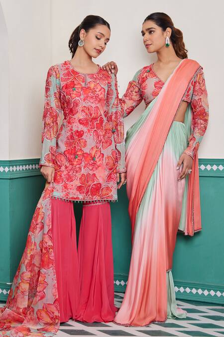 Dheeru Taneja_Multi Color Organza, Crepe, Linen Gulsheen Floral Print Tunic Sharara Set _at_Aza_Fashions