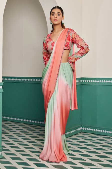 Dheeru Taneja Multi Color Organza Embroidered Cutdana Era Shaded Pre-draped Saree With Blouse 