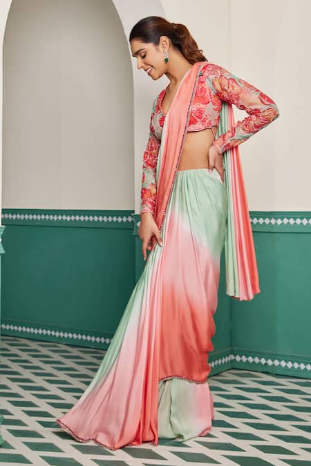 Dheeru Taneja_Multi Color Organza, Satin, Linen Era Shaded Pre-draped Saree With Blouse _Online_at_Aza_Fashions