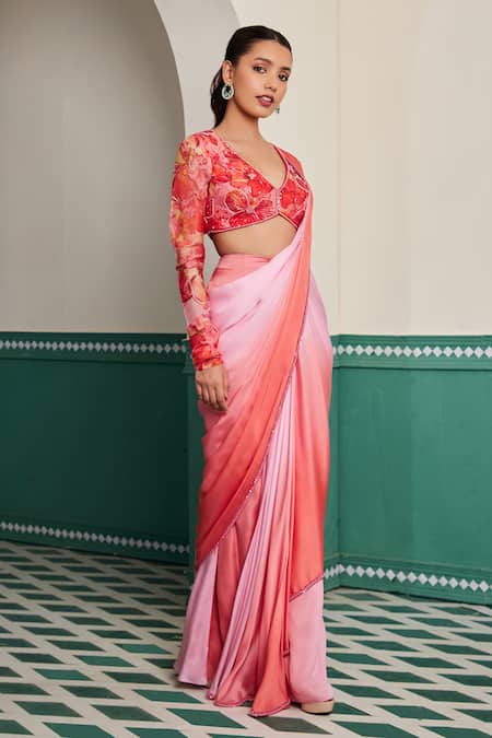 Shop_Dheeru Taneja_Multi Color Organza, Satin, Linen Era Shaded Pre-draped Saree With Blouse _Online_at_Aza_Fashions