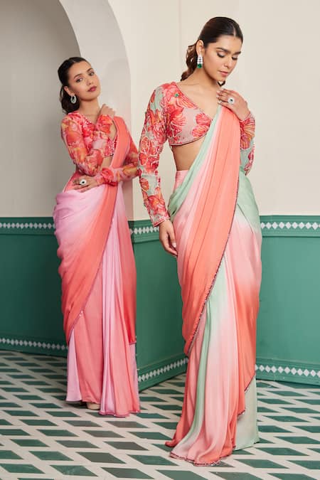 Buy_Dheeru Taneja_Multi Color Organza, Satin, Linen Era Shaded Pre-draped Saree With Blouse 