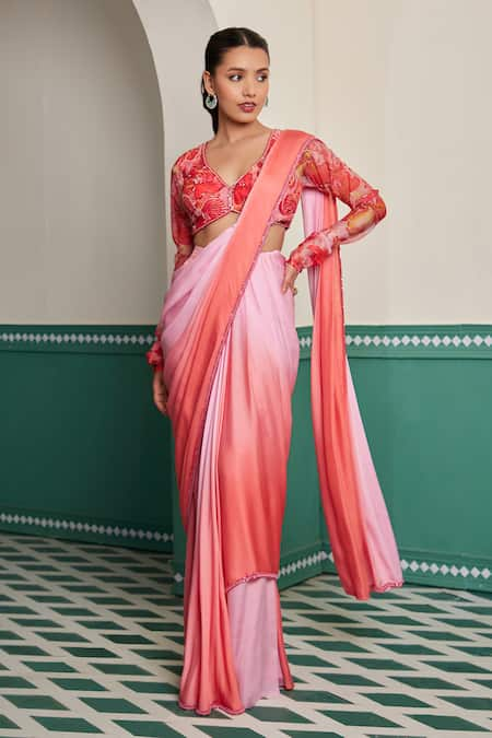 Dheeru Taneja Multi Color Organza Embroidered Gulera Shaded Pre-draped Saree With Blouse 