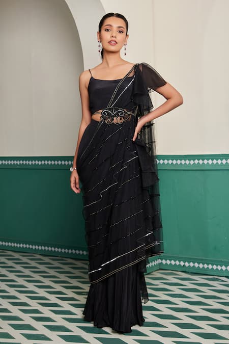 Dheeru Taneja Black Crepe Hand Embroidery Cutwork Siah Cutdana Ruffle Cape And Sharara Set 