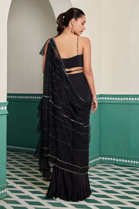 Dheeru Taneja Siah Cutdana Embroidered Ruffle Cape & Sharara Set 