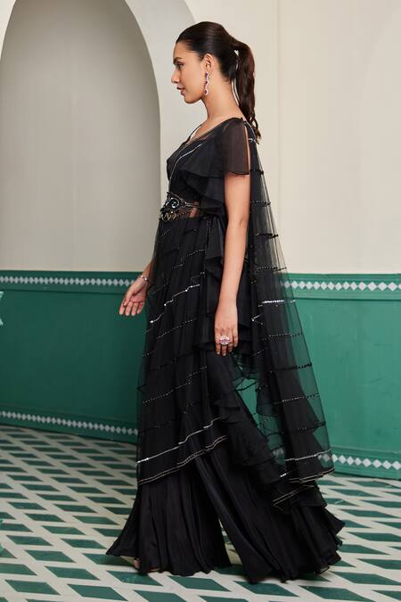 Dheeru Taneja Black Tulle, Crepe Cut Work, Siah Cutdana Embroidered Ruffle Cape And Sharara Set Online at Aza Fashions Dheeru Taneja_Black Tulle, Crepe Cut Work, Siah Cutdana Embroidered Ruffle Cape And Sharara Set _Online_at_Aza_Fashions