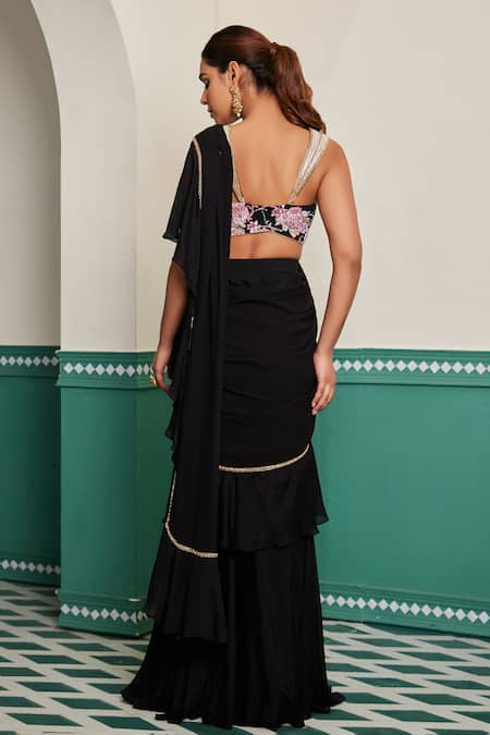 Dheeru Taneja Nargis Floral Embroidered Pre-Draped Saree With Blouse 