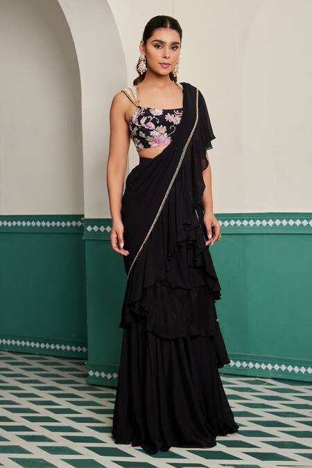 Dheeru Taneja Black Crepe, Georgette, Linen Cut Nargis Floral Pre-draped Saree With Blouse Online at Aza Fashions Dheeru Taneja_Black Crepe, Georgette, Linen Cut Nargis Floral Pre-draped Saree With Blouse _Online_at_Aza_Fashions