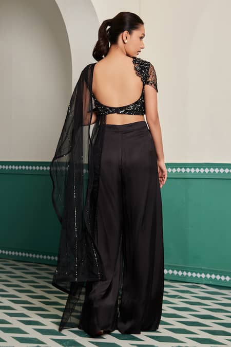 Dheeru Taneja Chandini Beads Embroidered Pallu Blouse With Pant Saree 