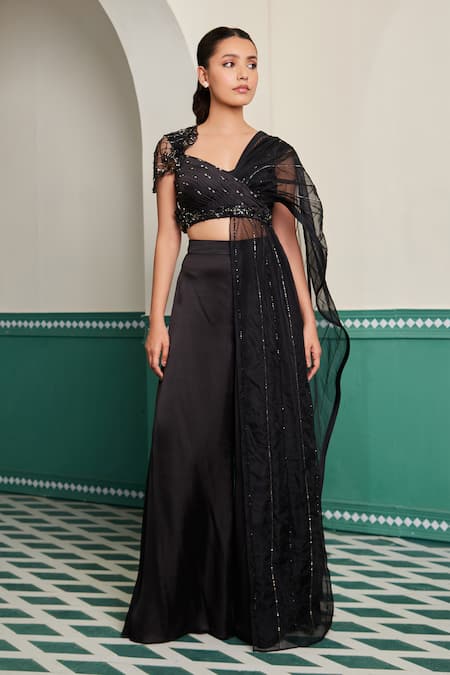 Dheeru Taneja_Black Organza, Satin, Linen Chandini Embroidered Pallu Blouse With Pant Saree _Online_at_Aza_Fashions
