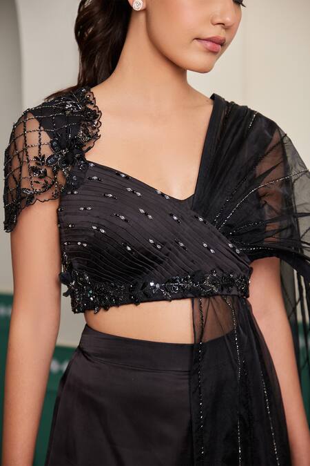 Buy_Dheeru Taneja_Black Organza, Satin, Linen Chandini Embroidered Pallu Blouse With Pant Saree _Online_at_Aza_Fashions
