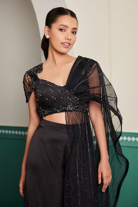 Shop_Dheeru Taneja_Black Organza, Satin, Linen Chandini Embroidered Pallu Blouse With Pant Saree _Online_at_Aza_Fashions