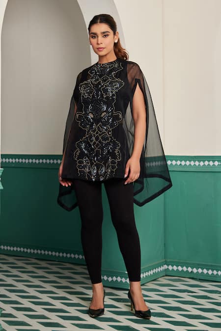 Dheeru Taneja Zahra Cutdana Embroidered Slit Sleeve Cape 