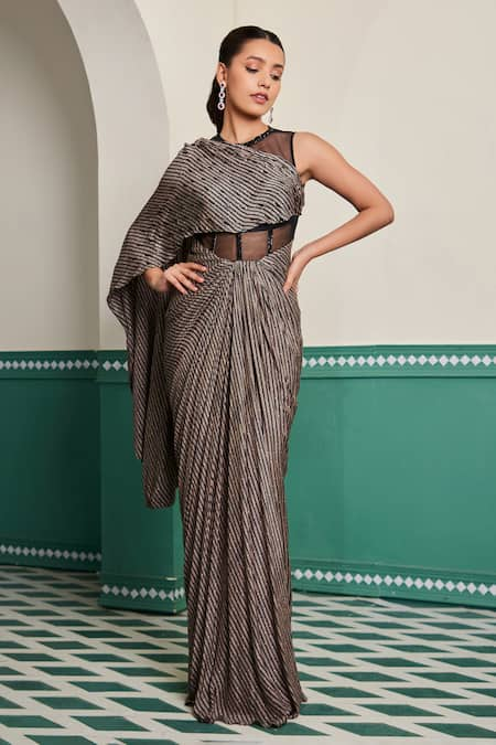 Dheeru Taneja Nasma Geometric Print Pre-Draped Saree Gown 