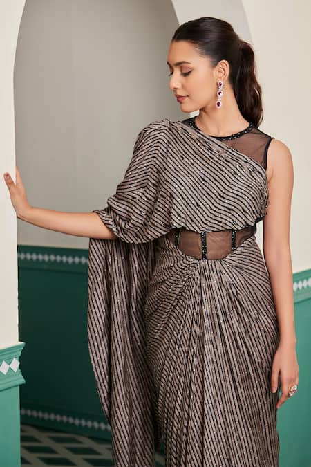 Buy_Dheeru Taneja_Beige Muslin, Silk Beads, Cut Work Nasma Geometric Print Pre-draped Saree Gown _Online_at_Aza_Fashions