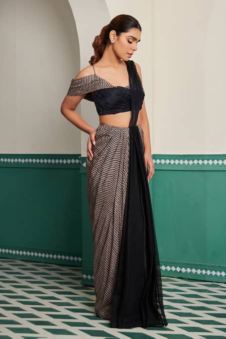 Buy_Dheeru Taneja_Beige Organza, Shireen Geometric Print Pre- Saree With Blouse _Online_at_Aza_Fashions