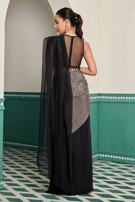 Dheeru Taneja Kamini Geometric Print Pre-Draped Saree With Tassel Blouse 