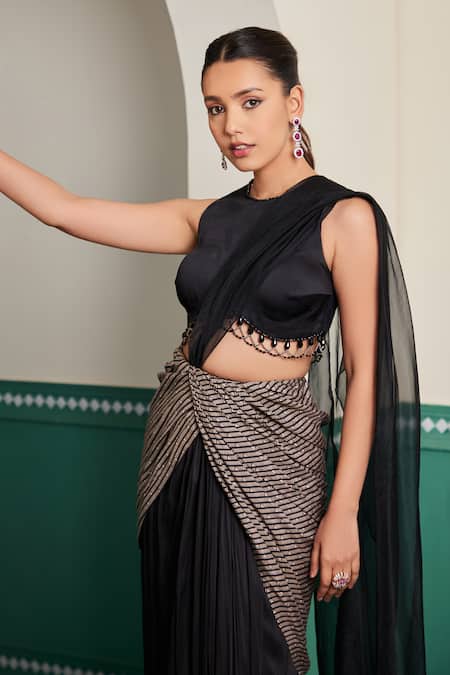 Buy_Dheeru Taneja_Beige Satin, Organza, Kamini Geometric Print Pre-draped Saree With Blouse _Online_at_Aza_Fashions