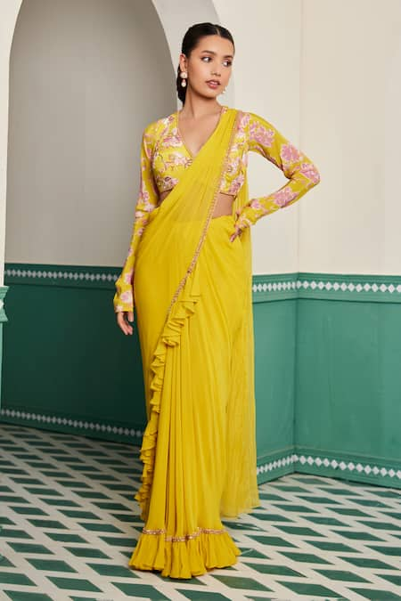 Dheeru Taneja Kesar Ruffle Embroidered Pre-Draped Saree With Blouse 