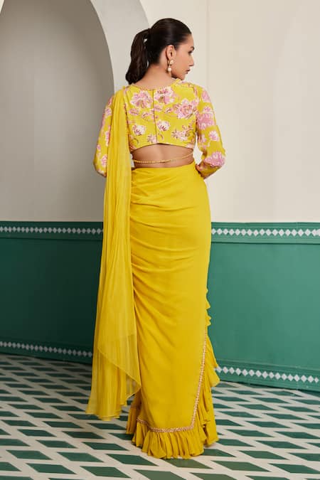 Dheeru Taneja Kesar Ruffle Embroidered Pre-Draped Saree With Blouse 