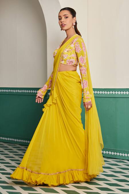 Dheeru Taneja_Yellow Georgette, Organza, Linen Kesar Ruffle Pre-draped Saree With Blouse _Online_at_Aza_Fashions