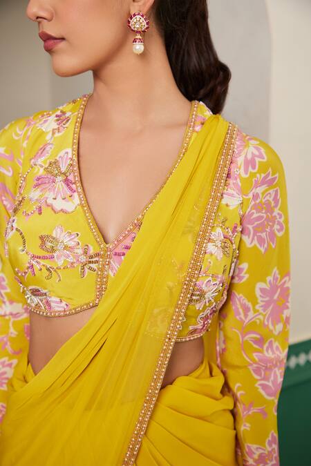 Shop_Dheeru Taneja_Yellow Georgette, Organza, Linen Kesar Ruffle Pre-draped Saree With Blouse _Online_at_Aza_Fashions
