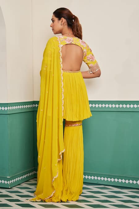 Dheeru Taneja Sunehra Pearl Embroidered Peplum Kurta & Sharara Set 