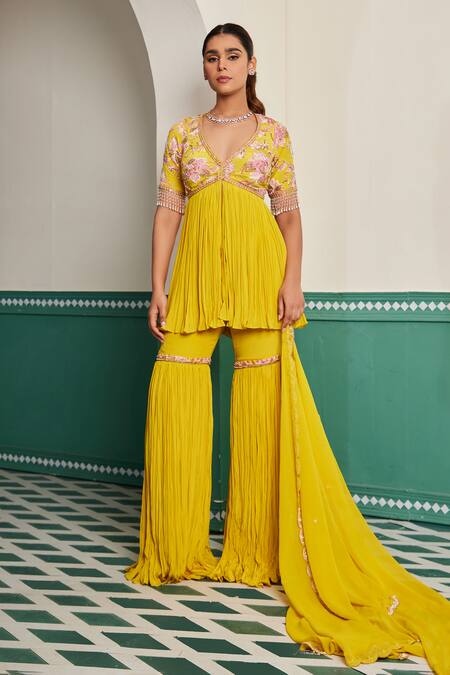 Dheeru Taneja_Yellow Crepe, Georgette, Linen Cut Work, Sunehra Peplum Kurta And Sharara Set _Online_at_Aza_Fashions