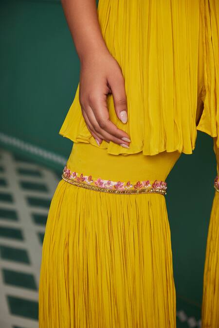 Shop_Dheeru Taneja_Yellow Crepe, Georgette, Linen Cut Work, Sunehra Peplum Kurta And Sharara Set _Online_at_Aza_Fashions