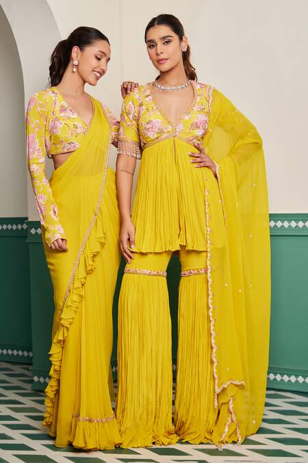 Dheeru Taneja_Yellow Crepe, Georgette, Linen Cut Work, Sunehra Peplum Kurta And Sharara Set _at_Aza_Fashions