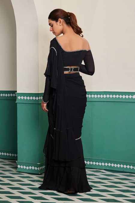 Dheeru Taneja Syah Pearl Embroidered Ruffle Pre-Draped Saree & Blouse Set 