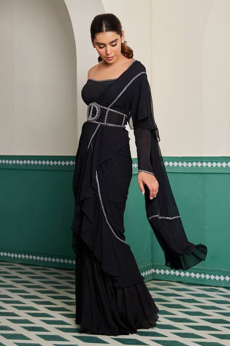 Dheeru Taneja_Black Tulle, Crepe, Georgette Syah Ruffle Pre-draped Saree And Blouse Set _Online_at_Aza_Fashions