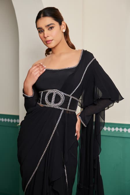 Buy_Dheeru Taneja_Black Tulle, Crepe, Georgette Syah Ruffle Pre-draped Saree And Blouse Set _Online_at_Aza_Fashions