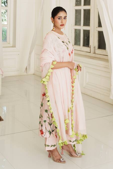 House Of Anmol Jain_Pink Chanderi Silk, Muslin, Cotton Embroidery, Cut Aurelia Hand Anarkali Set _Online_at_Aza_Fashions