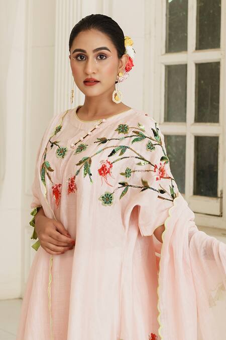 Buy_House Of Anmol Jain_Pink Chanderi Silk, Muslin, Cotton Embroidery, Cut Aurelia Hand Anarkali Set _Online_at_Aza_Fashions