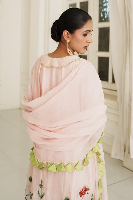 House Of Anmol Jain_Pink Chanderi Silk, Muslin, Cotton Embroidery, Cut Aurelia Hand Anarkali Set _at_Aza_Fashions
