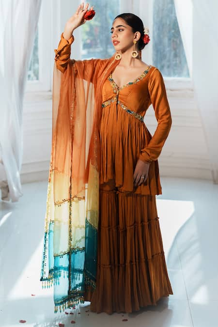 House of Anmol Jain Orange Kurta And Sharara Satin Hand Embroidered Sequin V-neck Tejaswi Set 