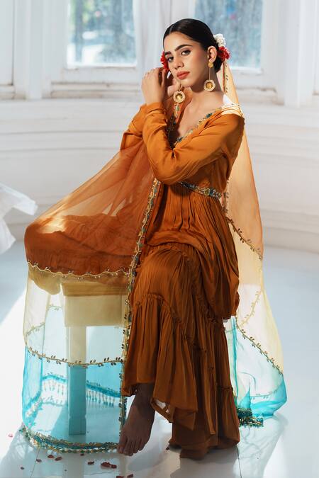 House Of Anmol Jain_Orange Satin, Organza Sequins, Stones Tejaswi Hand Embroidered Gharara Set _Online_at_Aza_Fashions