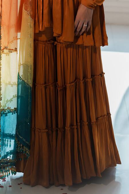 Shop_House Of Anmol Jain_Orange Satin, Organza Sequins, Stones Tejaswi Hand Embroidered Gharara Set _Online_at_Aza_Fashions