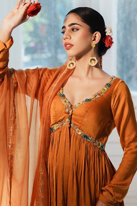 House Of Anmol Jain_Orange Satin, Organza Sequins, Stones Tejaswi Hand Embroidered Gharara Set _at_Aza_Fashions