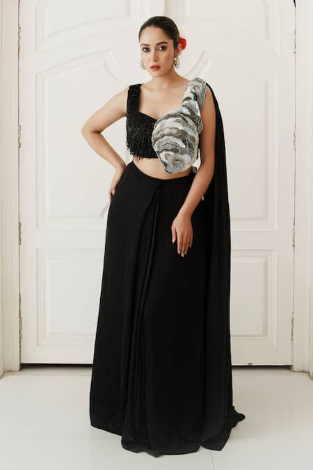 House of Anmol Jain Black Satin Hand Embroidered Sequin Midnight Glamour Draped Blouse With Skirt 