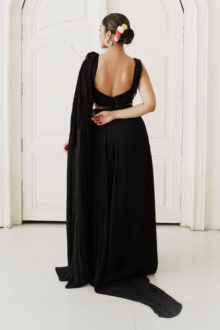 House Of Anmol Jain Midnight Glamour Draped Blouse With Skirt 