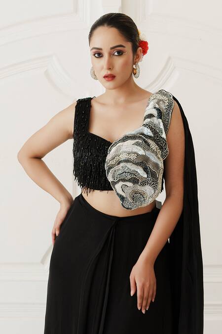 House Of Anmol Jain Black Satin Sequins, Embroidery Midnight Glamour Draped Blouse With Skirt Online at Aza Fashions House Of Anmol Jain_Black Satin Sequins, Embroidery Midnight Glamour Draped Blouse With Skirt _Online_at_Aza_Fashions