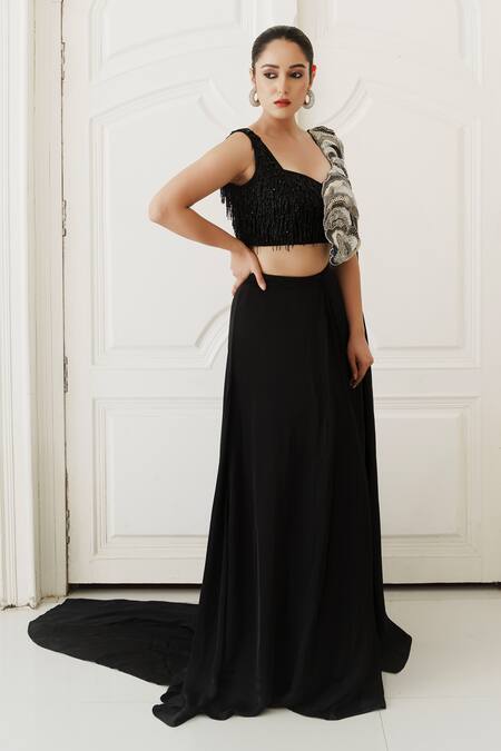 Buy House Of Anmol Jain Black Satin Sequins, Embroidery Midnight Glamour Draped Blouse With Skirt Online at Aza Fashions Buy_House Of Anmol Jain_Black Satin Sequins, Embroidery Midnight Glamour Draped Blouse With Skirt _Online_at_Aza_Fashions
