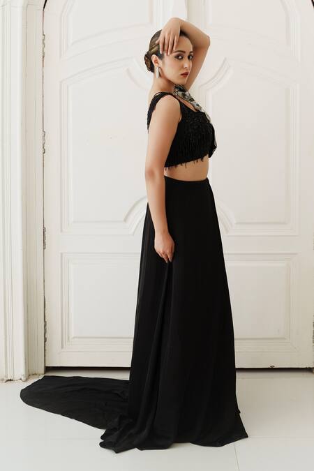 Shop House Of Anmol Jain Black Satin Sequins, Embroidery Midnight Glamour Draped Blouse With Skirt Online at Aza Fashions Shop_House Of Anmol Jain_Black Satin Sequins, Embroidery Midnight Glamour Draped Blouse With Skirt _Online_at_Aza_Fashions