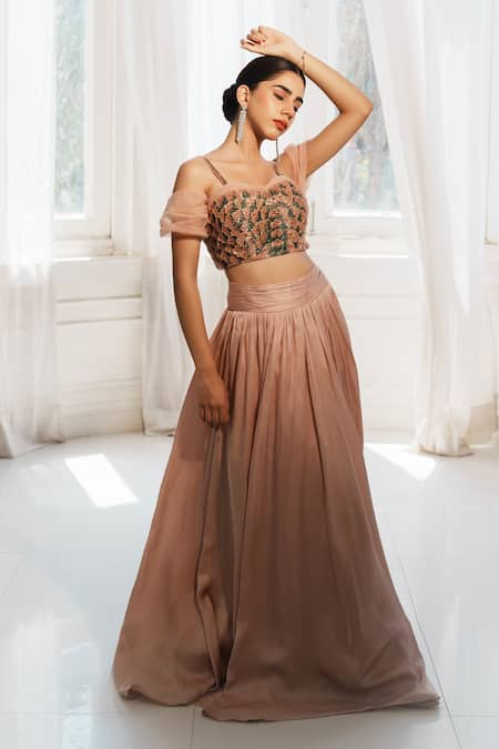 House of Anmol Jain Rose Gold Satin Hand Embroidered Applique Devika Floral Blouse With Skirt 