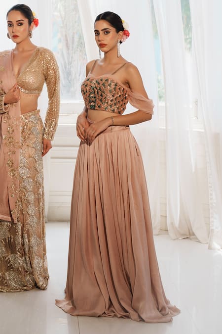 House Of Anmol Jain_Rose Gold Satin, Net Sequins, Applique, Devika Floral Blouse With Skirt _Online_at_Aza_Fashions